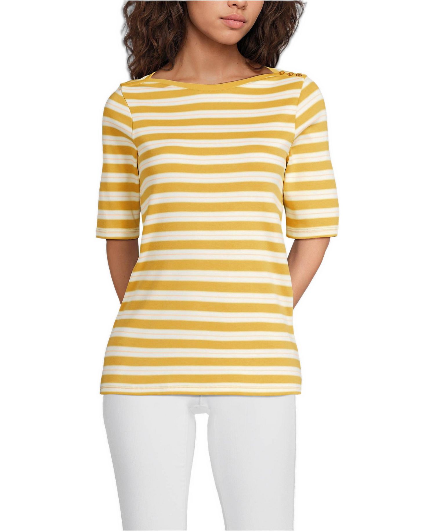 Women's Supima Cotton Elbow Sleeve Boatneck Button Shoulder Tee