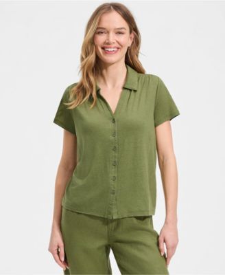 Women's Linen Blend Short Sleeve Button Front Polo Top