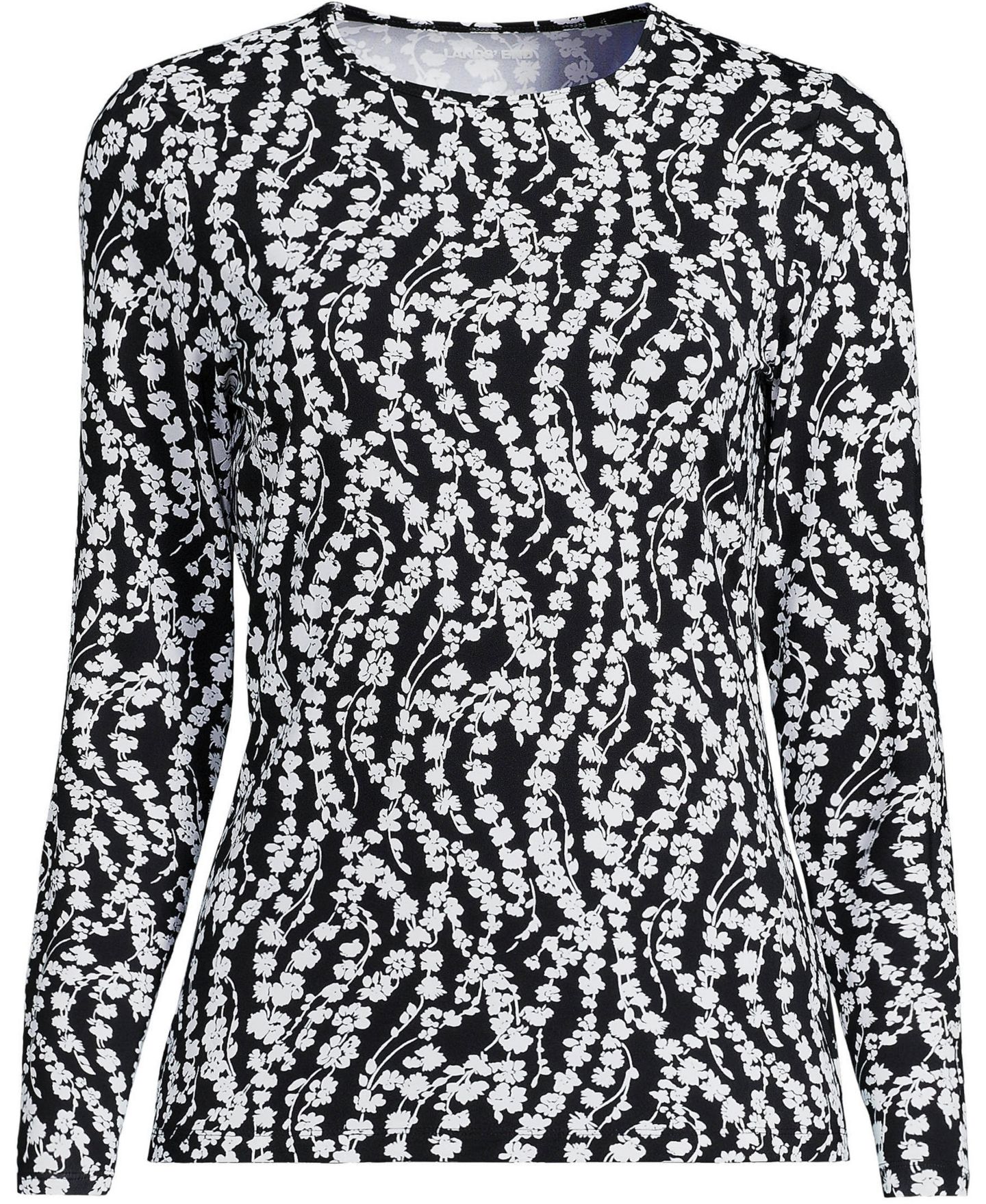Женская футболка Lands' End Plus Size Long Sleeve Crewneck Garden - Sunshade UPF 50 Quick Dry, цвет: Чёрный / Белый с принтом — фото 3