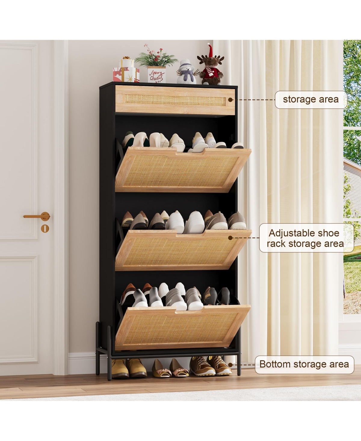 Homfan Rattan Storage Cabinet with 3 Flip Drawers, Freestanding Entry Way Shoe Storage Cabinet, Narrow Entrance Shoe Cabinets