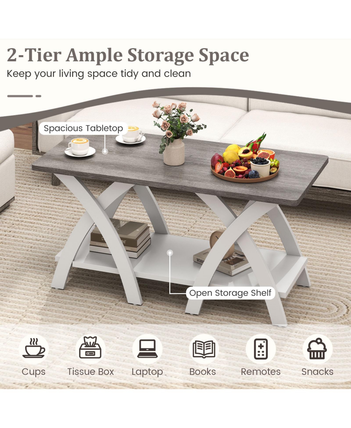 Slickblue Coffee Table with X Legs Farmhouse Storage Shelf