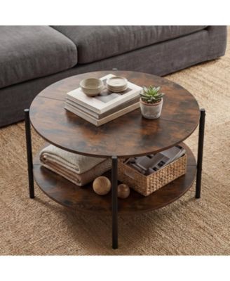 2-Tier Industrial Round Coffee Table, Accent Table with Open Storage Shelf-Rustic