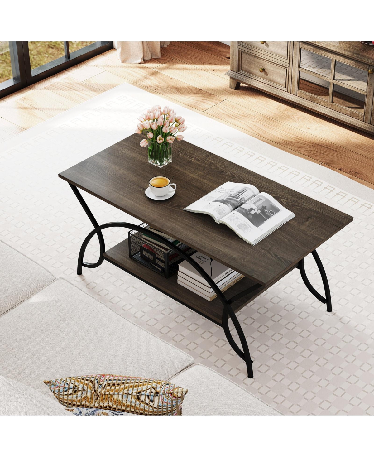 Slickblue 2 Tier Coffee Table with Storage Shelf Oak Finish