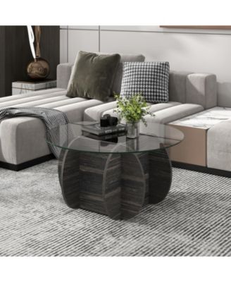 Round Coffee Table Tempered Glass Wood Base
