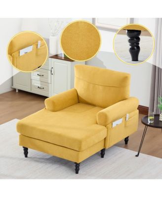 Comfortable Chenille Chaise Lounge Chair, Oversized Leisure Recliner Single Sofa with Wood Legs and Side Storage Pockets for Home Use