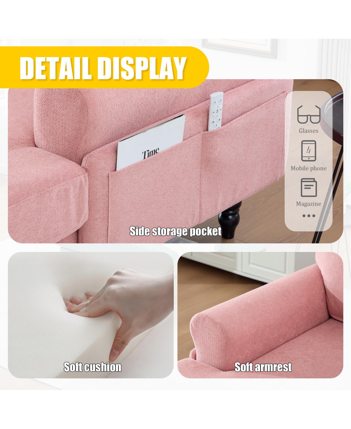 Rainsken Large Chenille Leisure Recliner Chaise Lounge, Stylish Single Sofa Chair with Wooden Legs and Side Pockets for Living Room, Bedroom