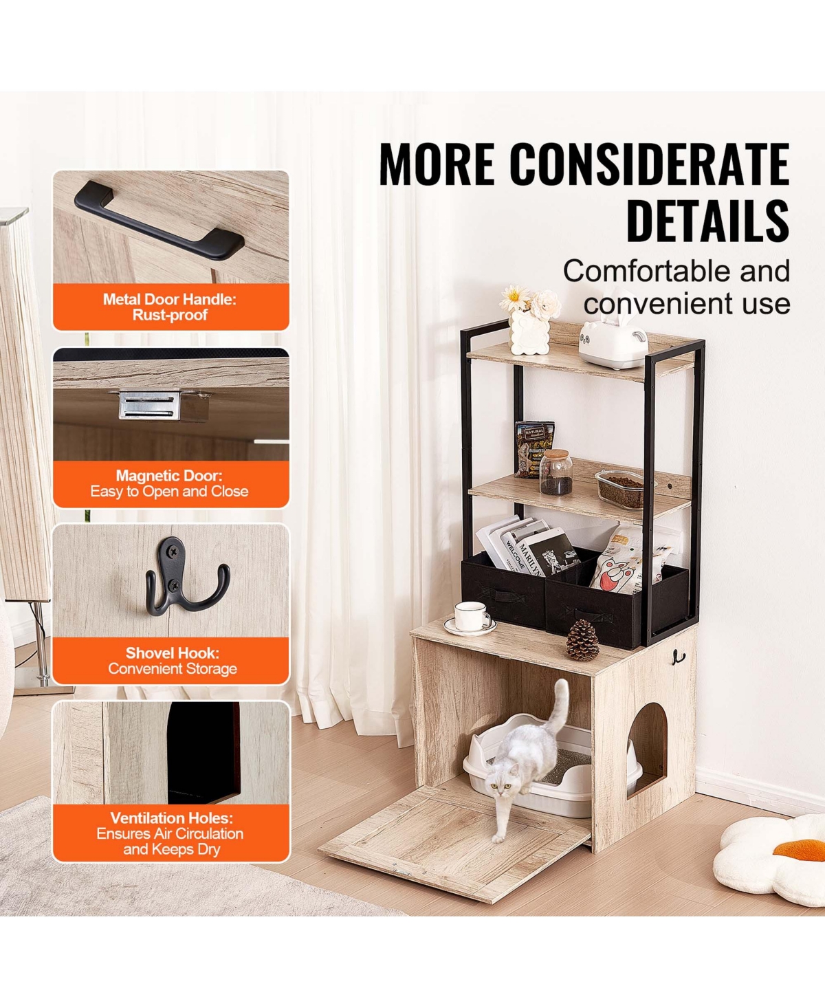 Aostirmotor Cat Litter Box Enclosure Furniture Hidden with 2 Shelves and 2 Baskets, Indoor Litter Box Cabinet