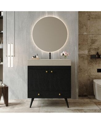 30" Freestanding Bathroom Vanity with Walnut Faux Marble Top, Ceramic Sink, Soft Close Storage for Small Bathrooms
