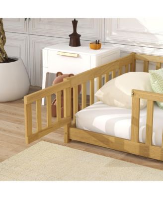 Twin Size Floor Bed with Fence and Door,Rubber Wood Floor Bed with Safety Guardrails