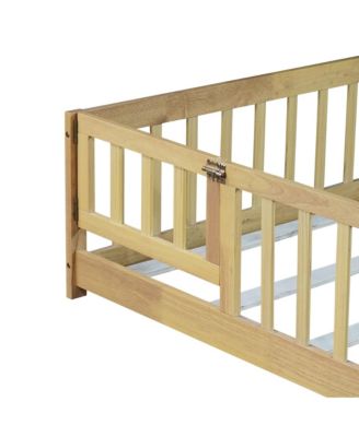 Full Size Floor Bed with Fence and Door,Rubber Wood Floor Bed with Safety Guardrails