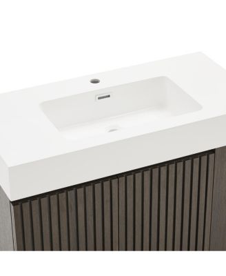 Modern Bathroom Vanity with Quartz Sink, Soft-Close Doors, Open Shelf Storage, Winston Walnut Mid-Century Fluted Cabinet