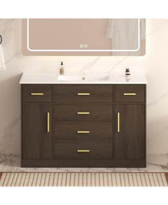 48" Light Oak Bathroom Vanity with Resin Top, 6 Drawers and 2 Soft Close Doors, Transitional Storage for Modern Bathroom