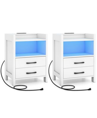 2PCS 23.5'' Nightstand w/LED Lights and Charging Station USB Port and Outlets