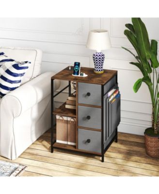 Nightstand 2 PCS 3-Tier Storage End Table Bedside Table with Charging Station and Shelf