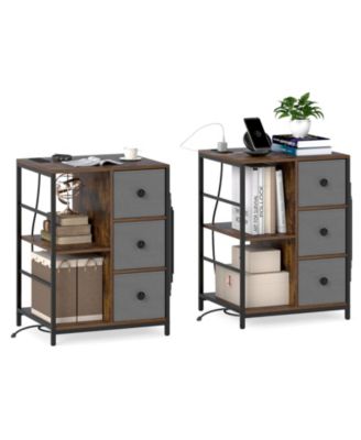 Nightstand 2 PCS 3-Tier Storage End Table Bedside Table with Charging Station and Shelf