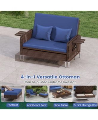 2-Piece Patio Rattan Daybed with Adjustable Backrest and Storage Ottoman