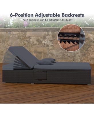 Double Patio Chaise Lounge with 6-Position Backrests and Folding Trays