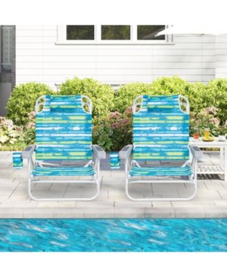Folding Beach Chair Set of 2 with 5-Position Recline and Head Pillow