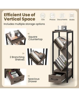 4-Tier Floor Tree Bookshelf with Drawer and Metal Frame