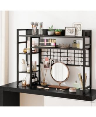 4-Tier Desktop Display Shelf with Metal Grid Panel and Hooks