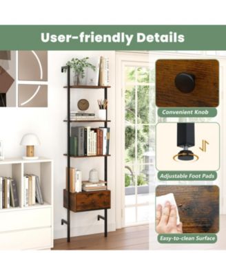 5-Tier Ladder Bookcase with Drawer and Metal Frame