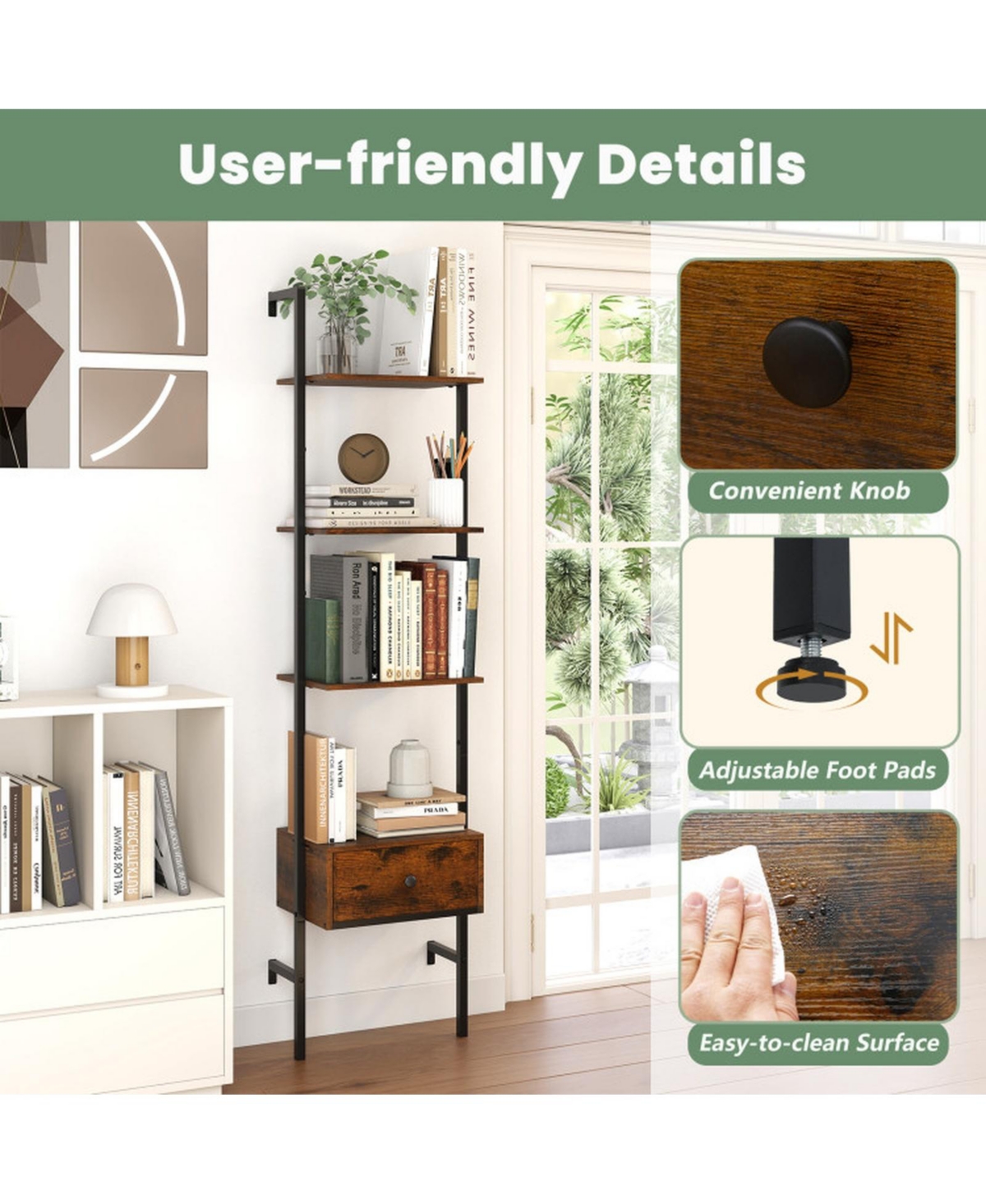 Gouun 5-Tier Ladder Bookcase with Drawer and Metal Frame