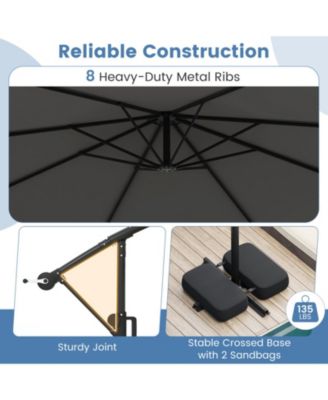10 ft Solar Offset Umbrella with 96 LED Lights 9 Modes Weighted Base and 360 Rotation