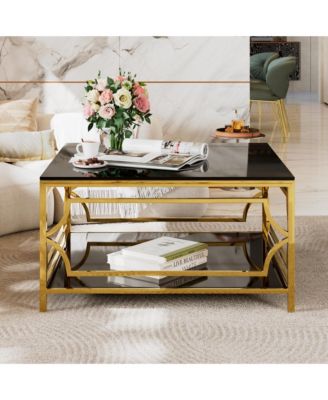 Square Glass Coffee Table, Modern 2-Tier Center, Luxurious Geometric Metal Frame for Living Room