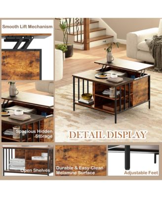 Square Lift-Top Coffee Table, Farmhouse Center Table with Hidden Compartment and Storage Shelves for Living Room