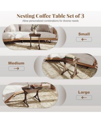 Nesting Coffee Table Set of 3, Side Tables with Solid Rubber Wood Legs