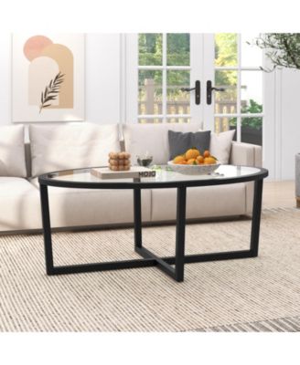 Oval Glass Coffee Table with Cross Base Wood Legs