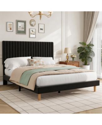 Velvet Bed Frame, Vertical Channel Tufted Headboard, Height Adjustable, Upholstered Platform Bed