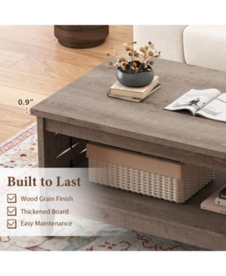 Farmhouse 2-Tier Coffee Table with Open Shelf and Woven Decor for Living Room