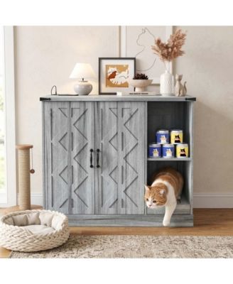 Modern Cat Litter Box Cabinet with Power Outlet, Hidden Enclosure for Large Automatic Boxes, Catcher, Storage