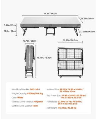 Rollaway Bed, 38" x 75", with 4" Memory Foam Mattress, Portable Folding Bed