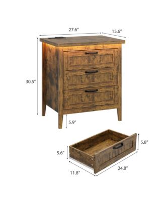 Farmhouse Drawer Dresser with Charging Station and LED Lights, Slim Wooden Bedroom Dresser