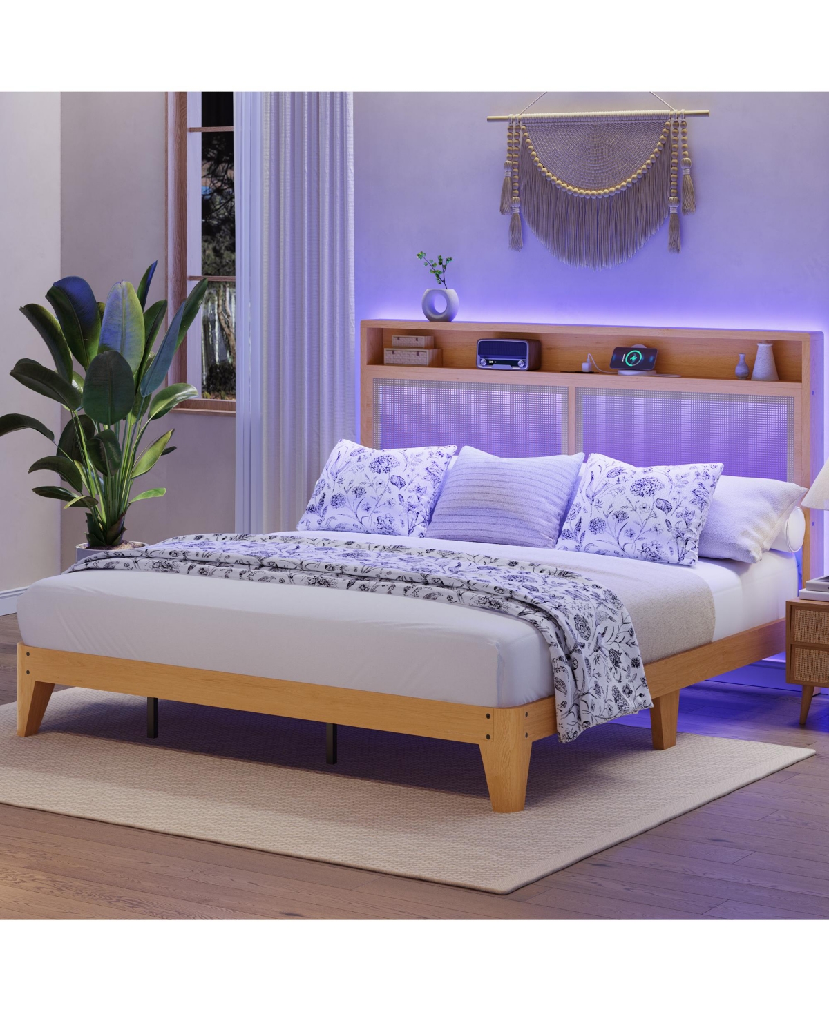 Homfan Bed Frame with Rattan Headboard ,Bohemian Bed Frame with Led Lights and Charging Station