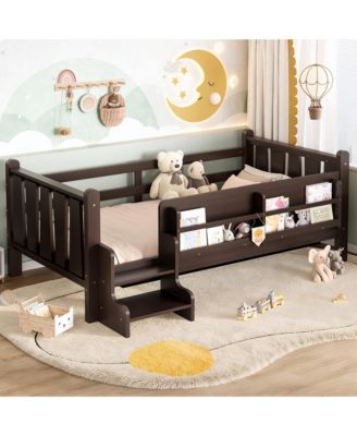Twin Size Floor Bed with Stairs and Bookcase, Solid Wood Low Profile Bed Frame with Guardrails, Kids Bed for Boys Girls, 350 LBS Capacity