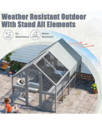 Large Outdoor Cat Enclosure Wooden Shelter 7 Platforms 2 Resting Boxes Bridges Waterproof UV Proof Canopy