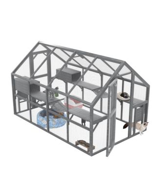 Large Outdoor Cat Enclosure Wooden Shelter 7 Platforms 2 Resting Boxes Bridges Waterproof UV Proof Canopy