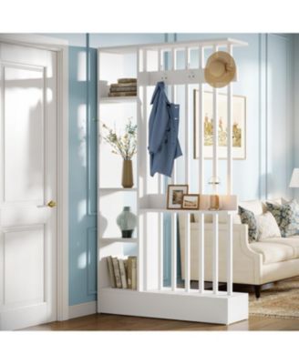 71" Wall Room Divider with Shelves and Coat Hooks, Wood Freestanding Room Divider Bookcase for Home and Office Decorative