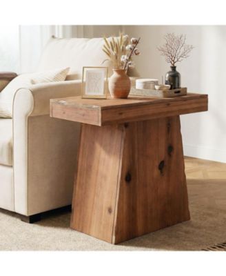 Solid End Table, 23.6" Wood Side Table with Trapezoid Base, Wooden Nightstand