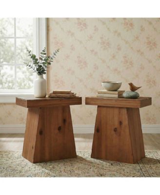 Solid End Table Set of 2, 23.6" Wood Side Table with Trapezoid Base, Bedside Nightstand