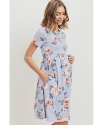 Maternity Floral Print Empire Waist Short Sleeve Knit Dress with Pockets