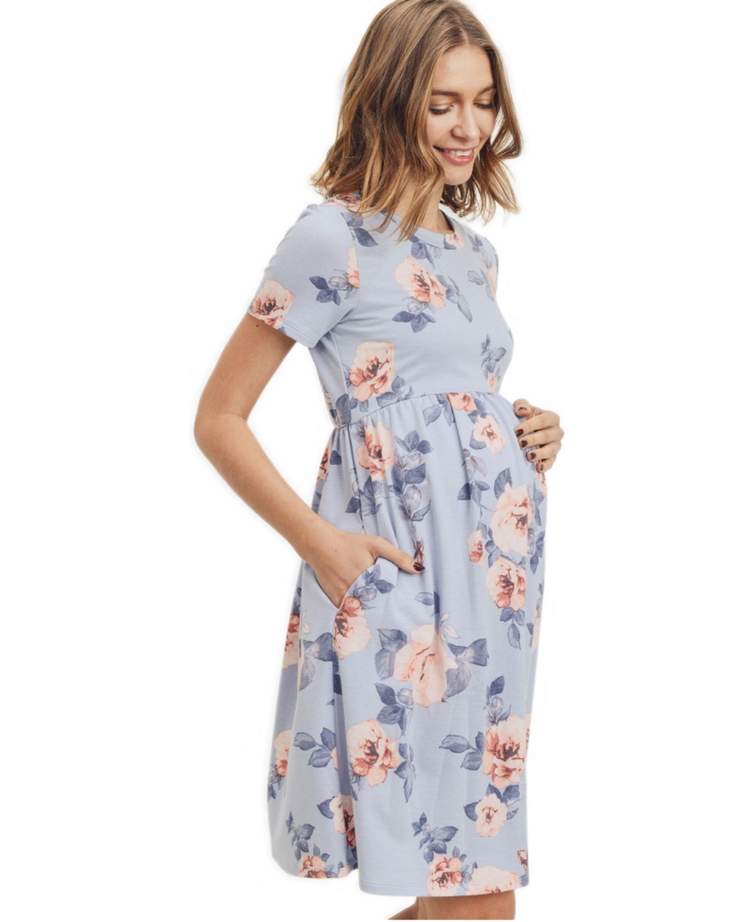 Women's Floral Print Empire Waist Short Sleeve Knit Dress with Pockets