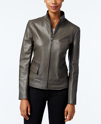 Cole Haan Leather Stand-Collar Jacket - Macy's