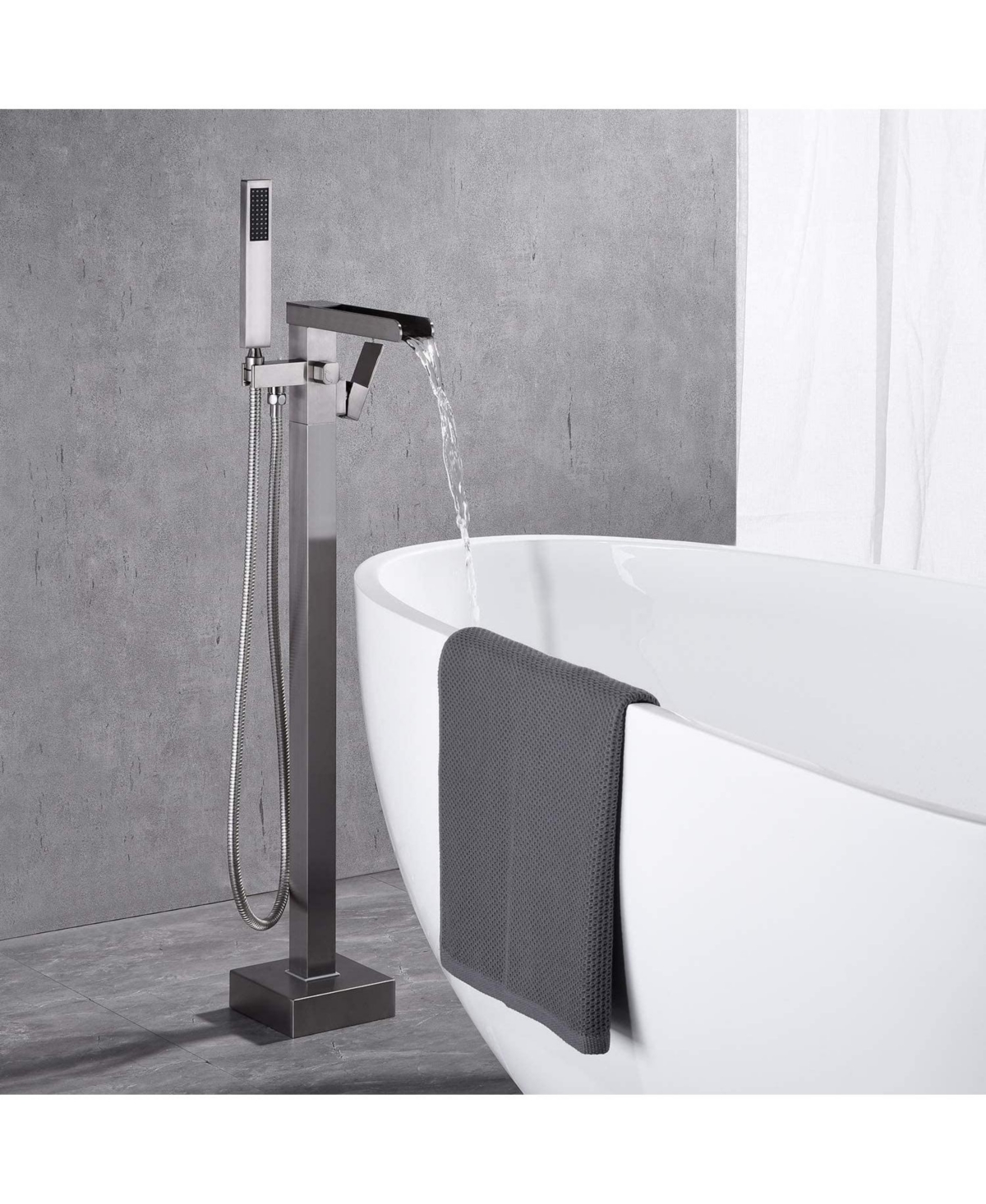 Busdays Bathroom Freestanding Waterfall Tub filler Brushed Nickel Floor Mount Faucet with Hand Shower