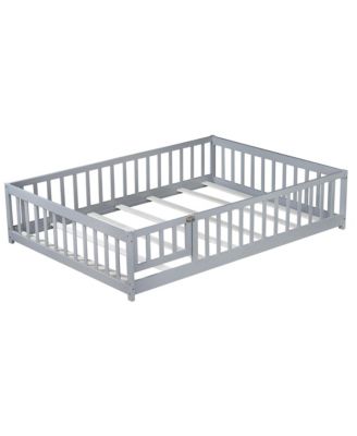 Full Size Rubber Wood Floor Bed with Fence Door and Safety Guardrails