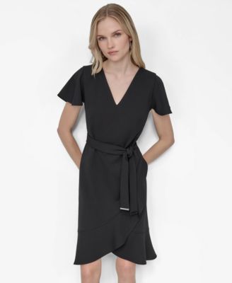 Women's Flutter Short-Sleeve V-Neck Faux-Wrap Dress