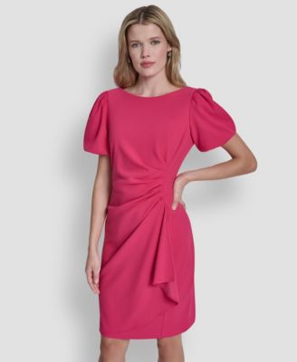 Women's Bubble-Sleeve Scuba Crepe Ruched Sheath Dress